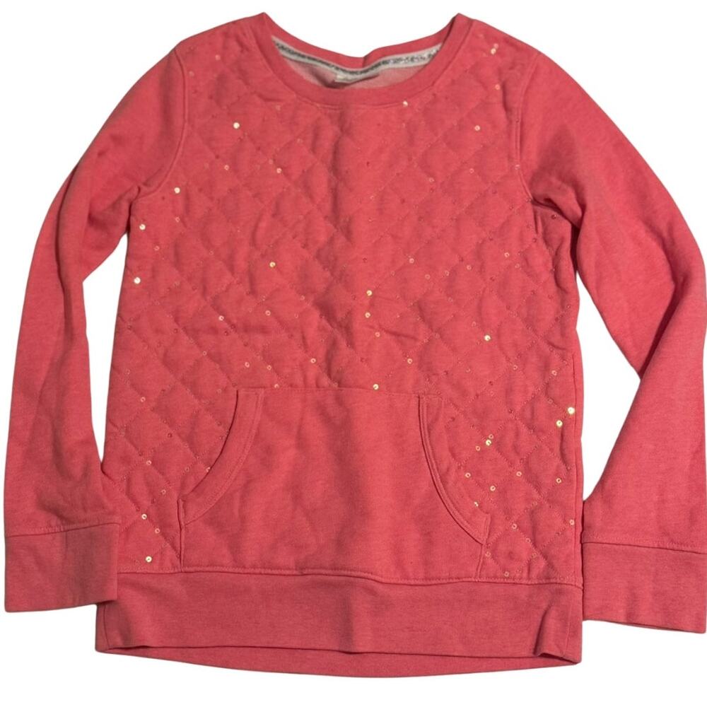 Girls Large Coral Pink Quilted Sequin Sweatshirt Kangaroo Pocket Cozycore